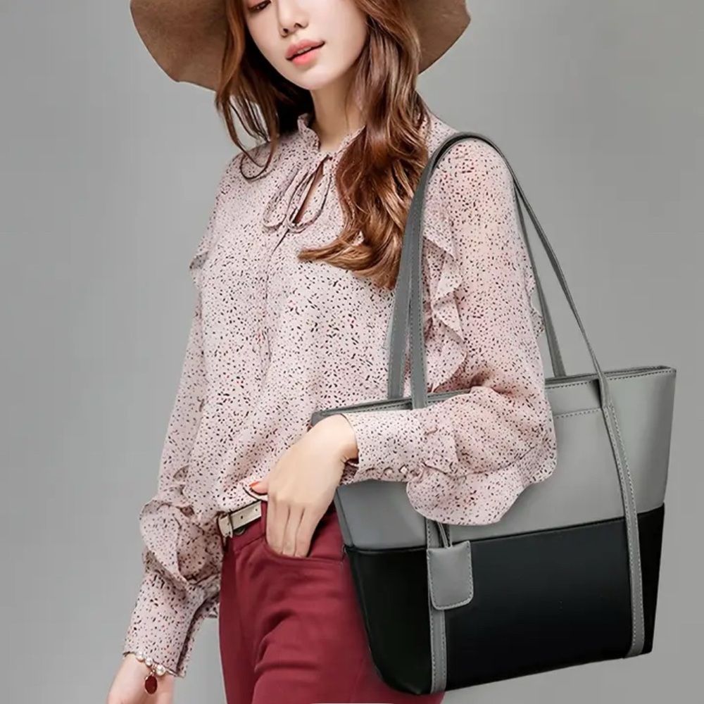 Two-Tone Gray & Black Structured Tote Bag with Pocket NIP - Picture 10 of 14